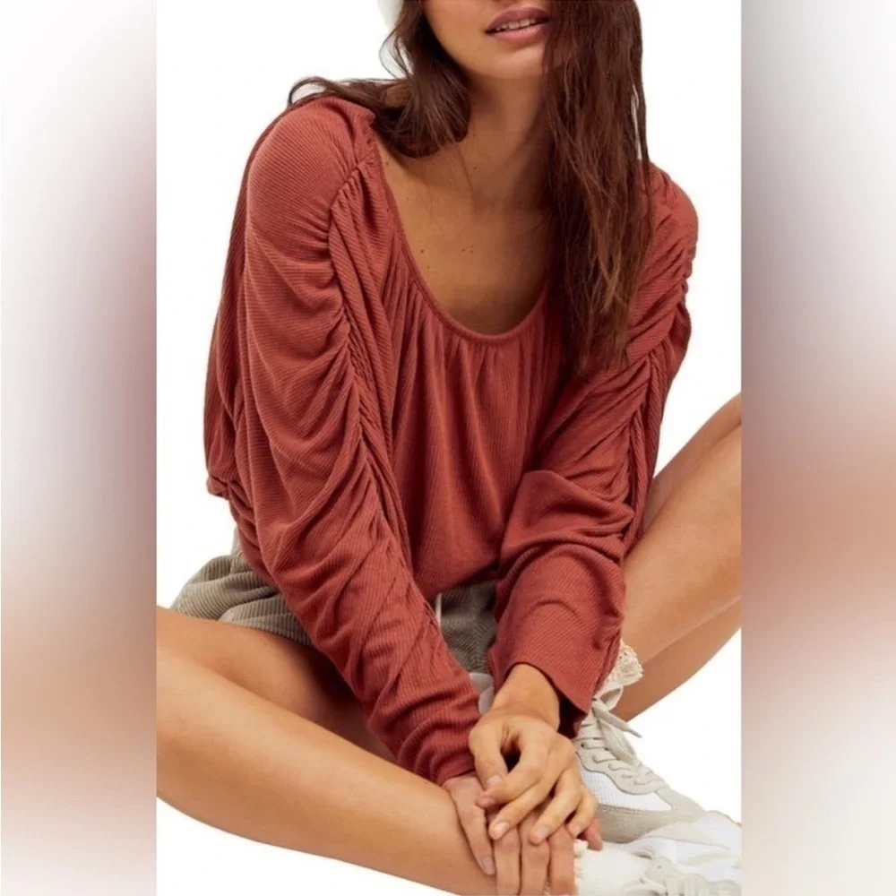 Free People Orange Bishop Sleeve Bubble Hem Long Sleeve Blouse
